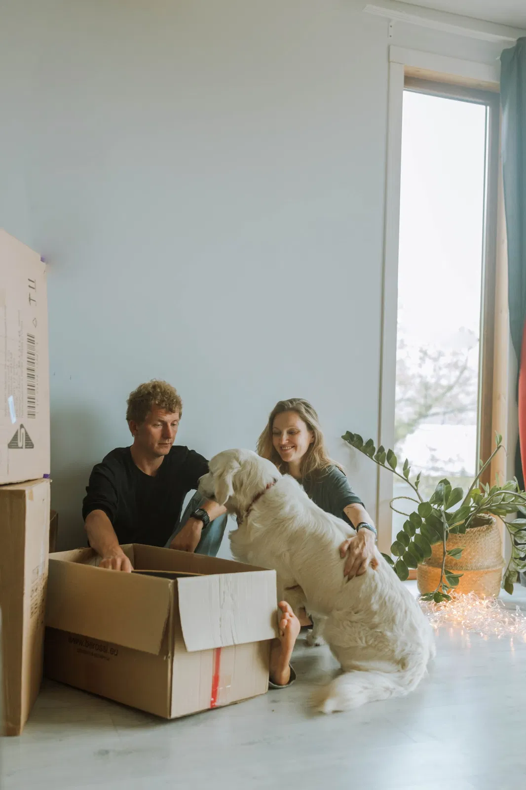 Pareja en su nueva vivienda junto a cajas de mudanza y su perro
